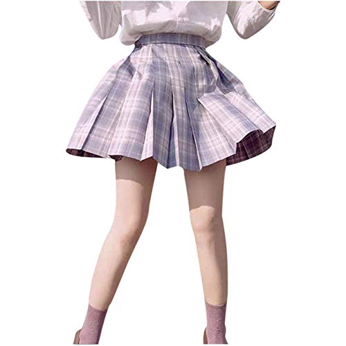WoCoo Girls Women High Waisted Plaid Pleated Skirt Skater Tennis School Uniforms A-line Mini Skirt Lining Shorts(Purple,XL)