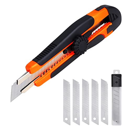 TRUEBITA. Cúter Profesional De Máxima Calidad Con Guía De Acero Inoxidable Y Empuñadura De Goma. Cuchilla Estándar Universal Autoretractil De 18MM Con 5 Recambios De Repuesto Cover