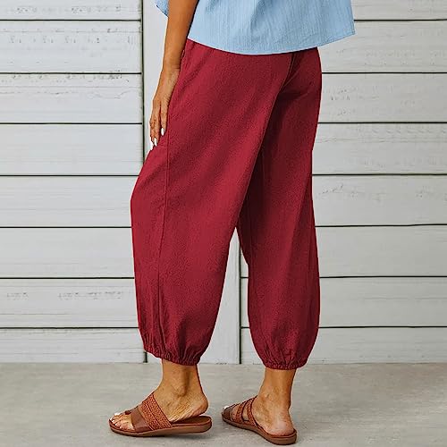 High Waist Cotton Linen Pants for Women Casual Summer Drawstring Lounge Pants Loose Cropped Trousers with Pockets Summer Pants for Women 2024 Wine L