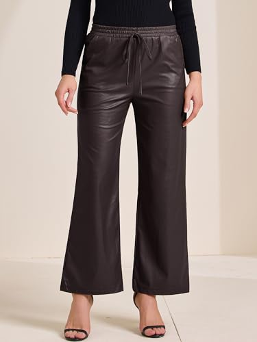 Allegra K Women's Faux Leather Pants High Waist Straight Leg PU Trousers Pant with Pockets2