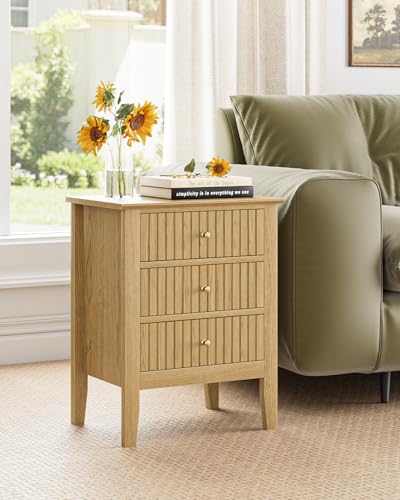 Image of Fluted Nightstand, Farmhouse Night Stand with 3 Drawers, Mid Century Modern Side Accent Table,Bedside End Table for Bedroom, Living Room, Oak