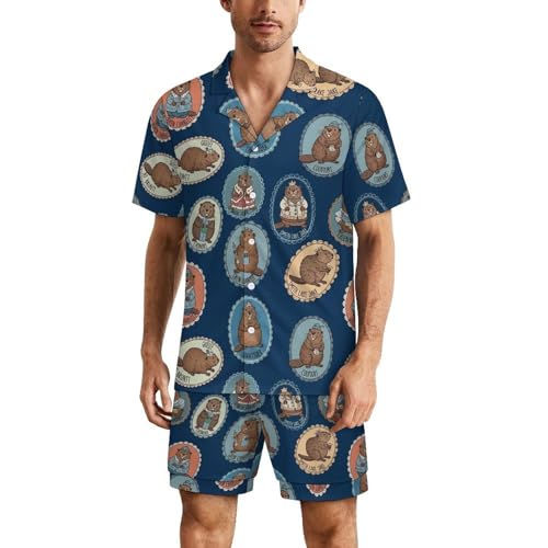 Men's Two Piece Button Down Soft Shirt and Shorts Pajamas Set Lightweight Sleepwear Summer Loungewear (Cute Groundhogs Blue)