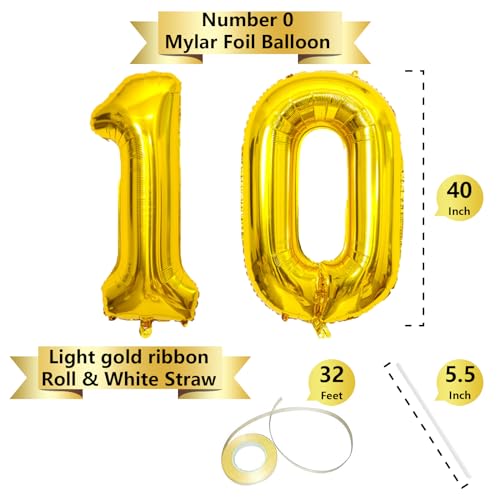 Image of SINBEE Gold 10 Number Balloon, 40 Inch Mylar Foil Reusable Party Decoration for Birthday, Anniversary, Ceremony, Business Event