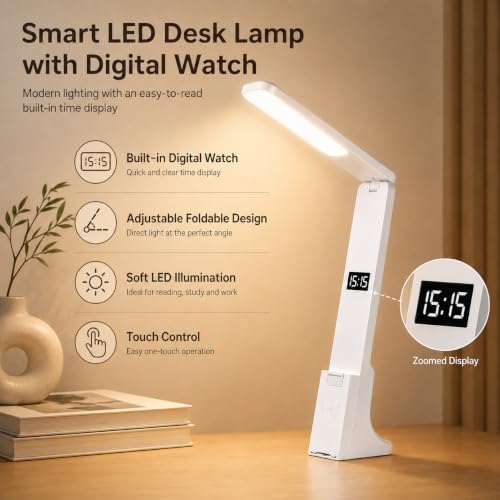 Image of One94Store SmartLite Foldable Desk Lamp - Built-in Digital Clock, Rechargeable LED Table Lamp with 1200mAh Battery,Touch Control Brightness, Lamp