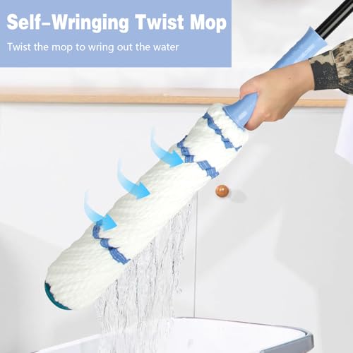 Image of Self-Wringing Twist Mop,57 inch Long Handle, House Accessories,Blue | Microfiber Floor Mop, House Accessories,Household Clean Mop for Tile, Hardwood, Kitchen, Bathroom, Patio, Garage