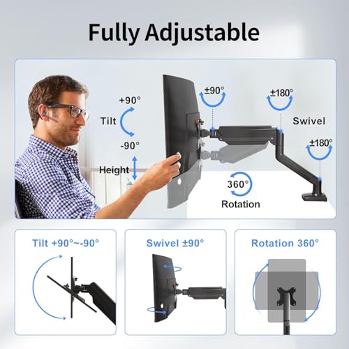 Image of ErgoYou - Premium Gas Spring Adjustable Monitor Arm Stand - VESA Mount - Weight Capacity 2-9 kgs - for Most 13-32 inch Screens - Clamp or Grommet Mount - 360 Degree Rotation - G3 Series
