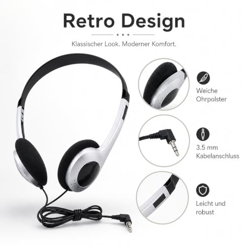 Gammaeon Stabile Retro Kopfhörer, Kabelgebunden, Silber Vintage Design, Kompatibel mit PC, Smartphones und Tablets für Schule und Bibliothek