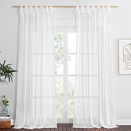 NICETOWN Semi Sheer Linen Curtains 120 inch Long for Princess Room, Decorative Adjustable DIY Tie Top Privacy with Light Filtering Curtains & Drapes f