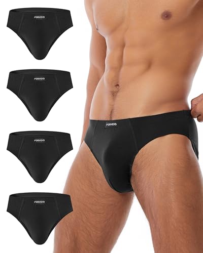 FORVEVO Men's Underwear Briefs, Cotton Mens Underpants, Breathable Stretch Waistband Soft No Labels Briefs Slips Underwear with Pockets 4 Pack (Black, L)