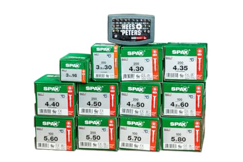 SPAX Schraubenset Heimwerker – 2100 T-Star Plus WIROX Schrauben T20/T30 – Teilgewinde – Größenmix 3,5x16 bis 5x80 mm – rostschutzbeschichtet – im praktischen Set mit exklusivem Bitset
