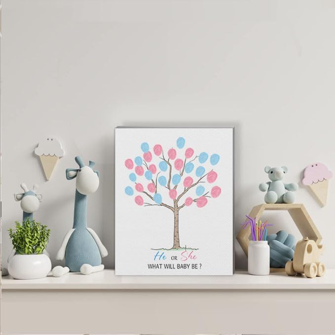 Miniatura 5 de Divertido juego de fiesta de libro de invitados para baby shower, árbol de hojas de huellas dactilares para revelación de género, ideas de fiesta de