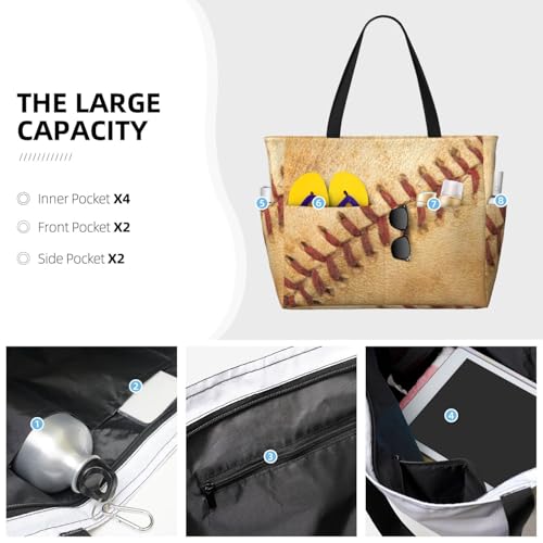 Vintage Baseball Print Large Beach Tote Bag for Women Extra Large Capacity Sandproof Waterproof Pool Bag Suitable for Swimming Pool Gym Groceries Travel3