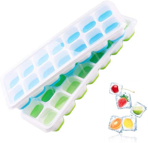 Eiswürfelform,14-Fach Silikon 2er Pack Eiswuerfel mit Deckel, BPA-Frei Eiswürfel Form Quadratische Eiswürfelschalen,Platzsparend und stapelbar Ice Tray Ice Cube, eiswürfelbehälter Silikon für Familie Cover