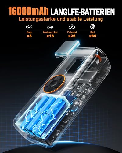 Elektrische Luftpump mit Akku, 150 PSI Luftpumpe für Fahrradpumpe, Tragbar Mini Kompressor mit Manometer & Doppelt-LED-Anzeige, 12V DC Elektrische Autoreifen für Autos, Motorräder, Fahrräder und Bälle