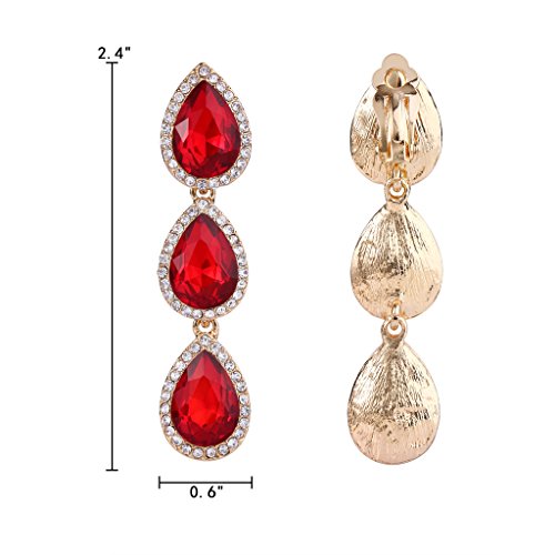 EleQueen Women's Austrian Crystal Teardrop Pear Shape 2.4 Inch Long Clip-on Dangle Earrings4