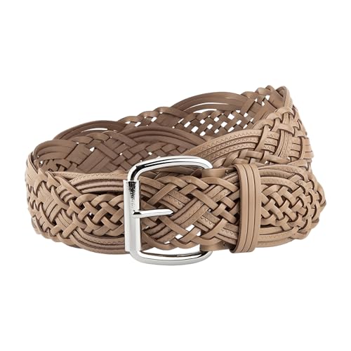 Women's Braided 2 Inch Wide Leather Belts for Dresses and Pants, Hand Woven Hollow Waist Belt with Silver Buckle