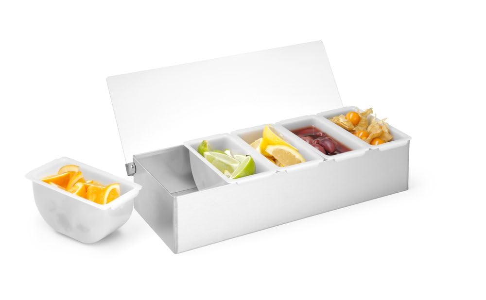 HENDI Pojemnik barmański na dodatki do drinków, BarUp, z 5 wyjmowanymi pojemniczkami, przezroczysta pokrywa, pojemnik na przyprawy, 375x140x(H)90mm, stal nierdzewna, HDPE, polipropylen