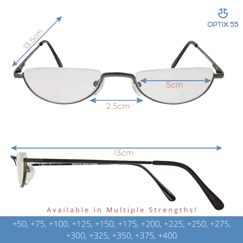 Optix 55 Reading Glasses Men - Half Frame Readers - Pack Of 2 Mens Reading Glasses - Fashion Men's Readers With Pouch - Comfortable Gunmetal Frame With Rubber Tip Temples (Gunmetal Grey, 150.00) #TOP1