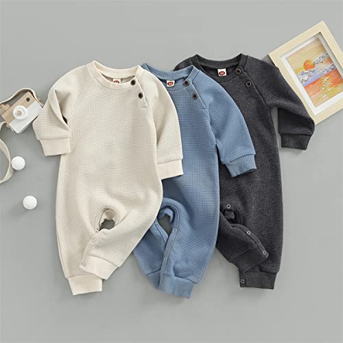 Newborn Infant Baby Boy Long Sleeve Onesie Knit Romper Pajamas Ruffle Jumpsuit Cute Fall Winter Outfits Clothes 0-3 Months B Boho Waffle Button Beige #TOP6