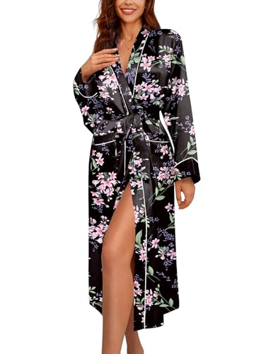 Image of Ekouaer Satin Robes for Women Long Sleeve Silk Bathrobe Soft Lightweight Full Length Sleepwear Bridesmaid Wedding Party Robes