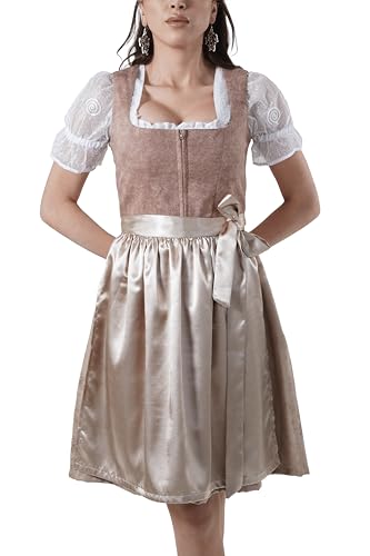 Dirndl Damen – Modernes Samt Dirndl in Blau & Kupfer (lang, 70 cm) sowie Gold & Braun (60 cm), 2-teilig, perfekt für Hochzeit, Oktoberfest, Wiesn & Volksfest (Braun, 38)