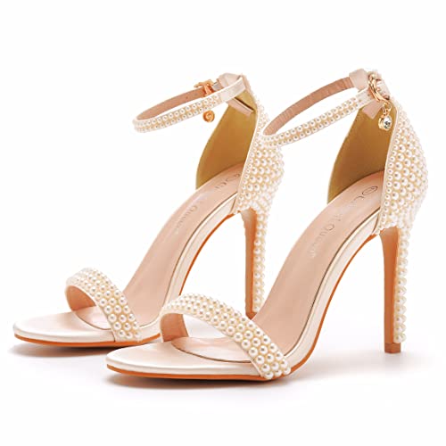 Crystal Queen 4.2 inches White Pearls Bridal Stiletto Heels Sandals Peep Toe Women's Ivory Pearls Sandals For Wedding Party Evening2