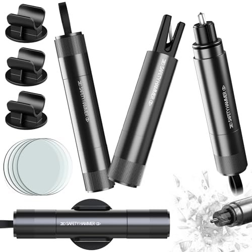 2-in-1 Auto Notfallhammer mit Gurtenschneider, 4 Stück Sicherheitshammer Set mit Federkraft-Tungstahlkopf, U-Form Klinge, Übungsglas und Klebebasis für Auto, Bus – Notfallwerkzeug Kit