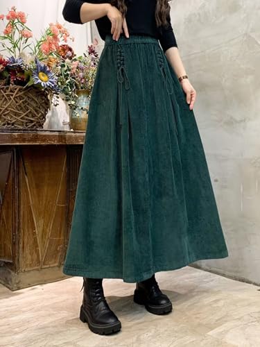 ebossy Women's Corduroy Maxi Skirt Elastic High Waist Drawstring Tie Front A-Line Pleated Long Skirt with Pockets2