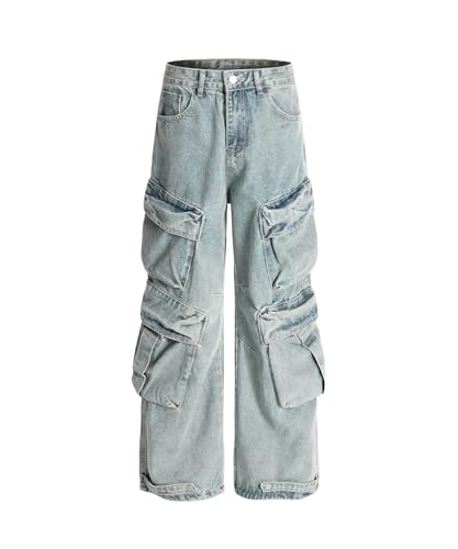 Unisex Vintage Cargo Jeans, Washed Loose Fit Denim Pants with Multi Pockets for Streetwear