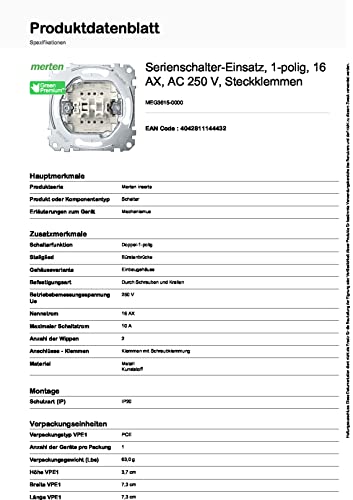 Merten MEG3615-0000, Series Switch Insert, 16 A - AC 250 V - Plug-in Terminals, Made in Germany, Doppel-1-polig, 2 Wippen - Image 2
