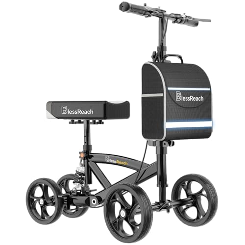 BlessReach Steerable Knee Walker Deluxe Medical Scooter for Foot Injuries Compact Crutches, with Dual Rear on-Wheel Brake and Shock Absorption Under The Knee pad, Black