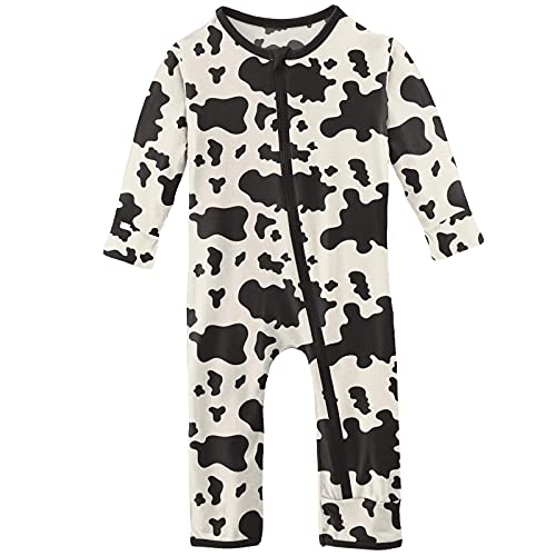 KicKee Pants Print Coveralls with Zipper, Long Sleeve Footless Bodysuit, One-Piece Ultra Soft Sleepwear (Cow Print - 18-24 Months)