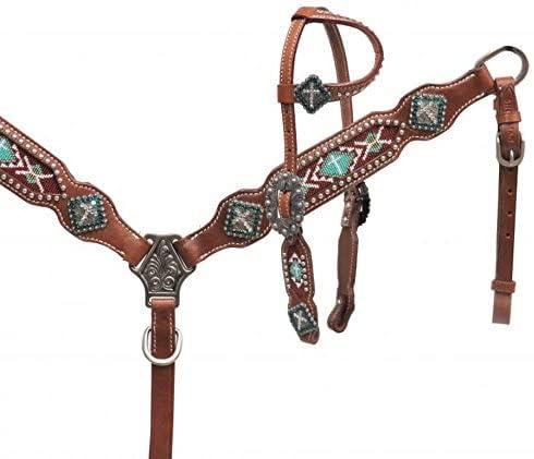 Showman Pony Headstall & Breast Collar Set w/Teal Cross Beaded Inlay