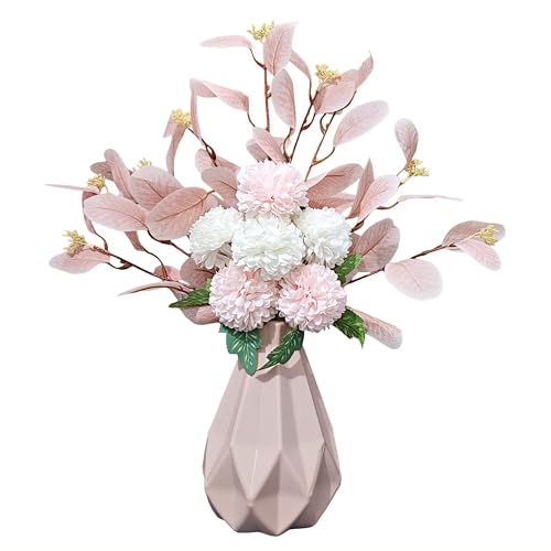 Image of Combo Set of Modern Geometric Vase and Premium Handmade Realistic Artificial Flower Bouquet for Living Room, Bedroom, Office & Gifting (Pink & White)