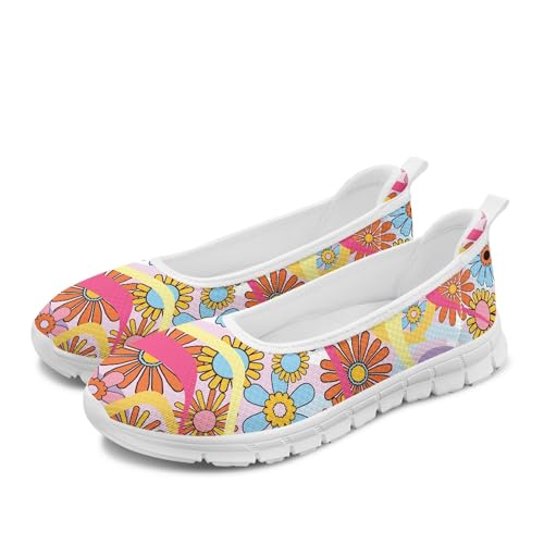 Modysero Novelty Womens Ballet Flats Hippie Daisy Slip On Mesh Shoes for Women Round Toe Flats Comfortable Summer Walking Shoes Casual Daily Dress Shoes for Ladies