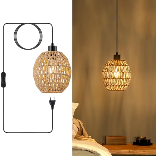WILON Hängelampe mit Stecker, Rattan Hängeleuchte mit 4.5M Kabel, Esstischlampe Hängend, Fensterlampe zum Hängen, E27 Outdoor Hängend Lampe für...