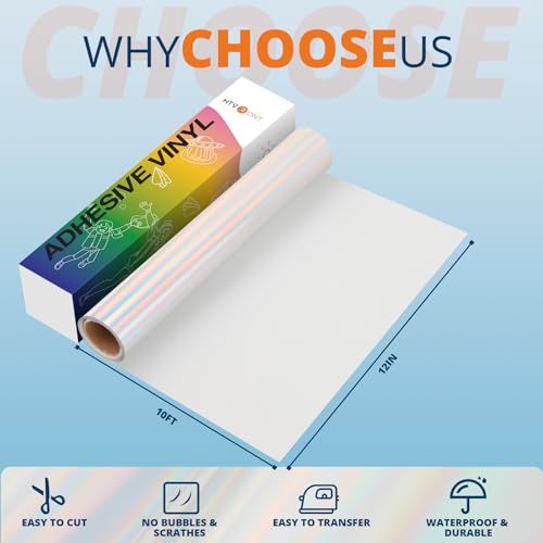 Image of HTVRONT Holographic Silver Permanent Vinyl, 12 inch x 10 FT Adhesive Vinyl Roll Compatible with Cricut Cutting Machine, Silhouette, Cameo Cutters, Signs, Scrapbooking, Craft, Die Cutters