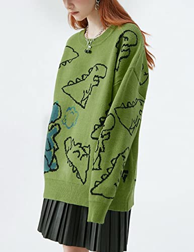 Rxozrxoz Women's Dinosaur Knit Sweater Cute Oversized Kawaii Vintage Sweater Casual Loose Fit Pullover Sweater Tops (Green-Xl) #TOP3