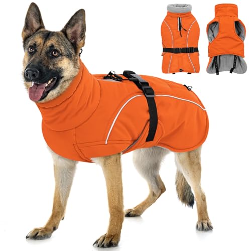 Queenmore Winter Dog Coat Warm Dog Jacket Vest Waterproof Puffer Fleece Snowsuit Adjustable Buckle Leash Hole Reflective Cold Weather Parka for Small Medium Large Dogs Girl Boy Orange XXL