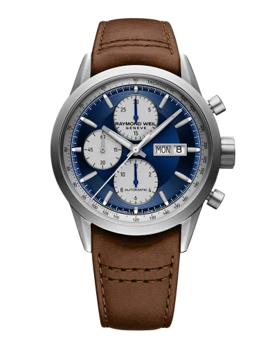 RAYMOND WEIL Freelancer Men's Chronograph Watch, Blue Dial Brown Leather, 48 Hour Power Reserve, 42 mm (Model: 7732-TIC-50421)