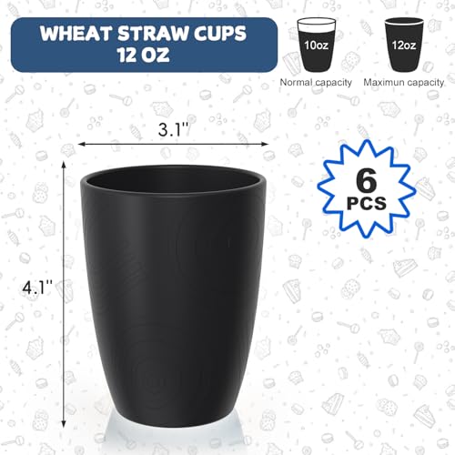 Image of Plastic Black Drinking Cups Set of 6, 12 OZ Reusable Cups for Kids | Unbreakable and Stackable Wheat Straw Cups for Family Drinks, Kitchen, Picnic, Camping