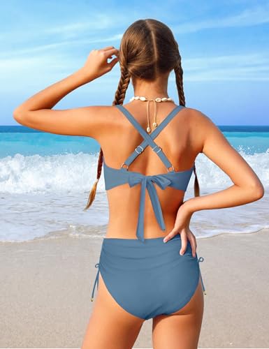 Image of Teen Girls Swimsuits V-Neck Bikini Set Bathing Suits Cross Straps Two Piece Swimwear with Drawstring
