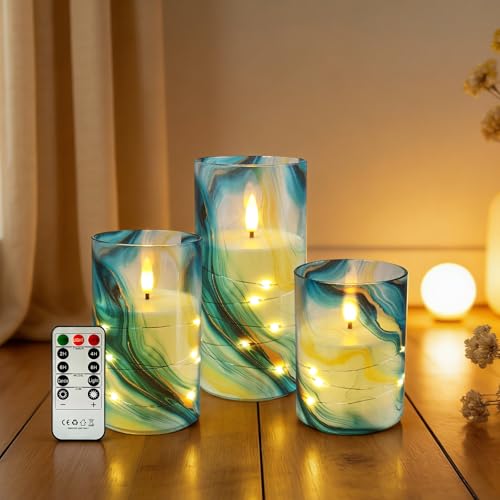 Image of Flickering Flameless Candles Blue Water Ripple Print, Embedded Star String Lights, Battery Operated Acrylic LED Pillar Candles with 11-Key Remote and Timer for Home Decoration, 3 Pack