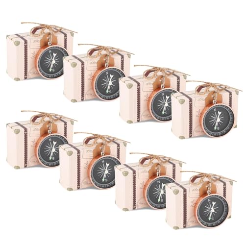 Mini maleta para regalos de fiesta, colgante con brújula para bodas, mini maleta para regalos, cajitas para dulces para fiestas con temática de viajes, decoraciones para bodas