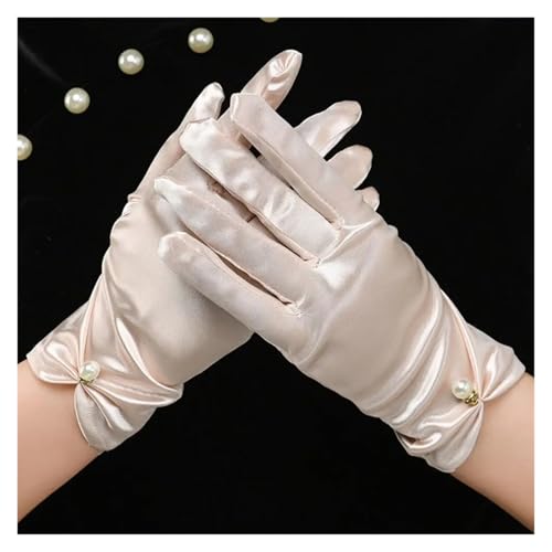 Guantes de boda para mujer de satén blanco cortos con perlas 4