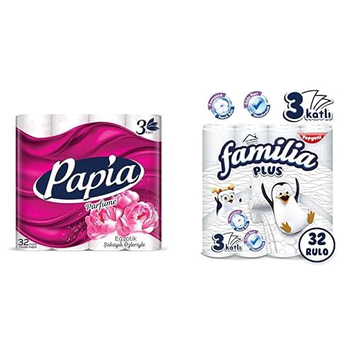 Papia 3 Katlı Egzotik Şakayık Özleriyle Parfümlü 32'li Cilt Tuvalet Kağıdı (1 x 32 Rulo) ve Familia Plus 3 Katlı Tuvalet Kağıdı 32'li 1 Paket (1 x 32 Adet)