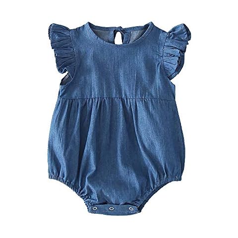 Slowera Baby Toddler Girls Denim Ruffled Bodysuit Blue Soft One-Piece Romper (Blue, 12-18 Months) Cover