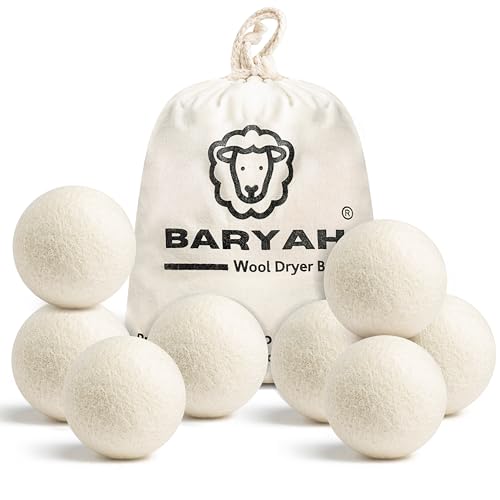 BARYAH Tumble Dryer Balls XL Pack of 8 – 100% Organic New Zealand Wool, Reusable Eco Tumble Dryer Balls UK – Reduce Drying Time, Wrinkles & Static – Natural Fabric Softener, Baby Safe, Energy Saving