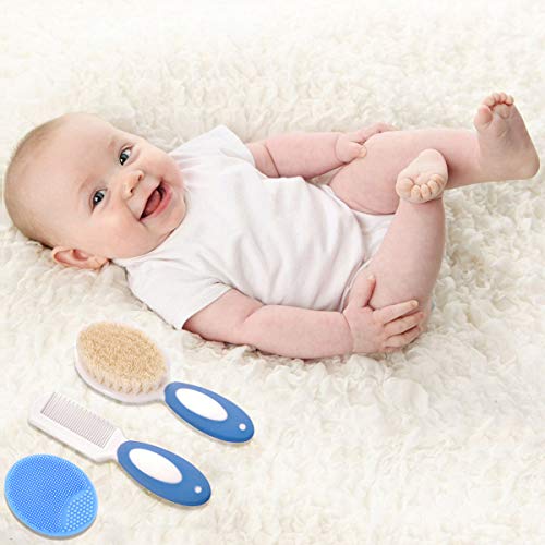 Baby haarbürste und Kamm Set für Neugeborene & Kleinkinder | Natürliche Weiche Ziegenborsten | Ideal für Cradle Cap | Geschenk zur Baby registrierung (Blau) – Bild 6