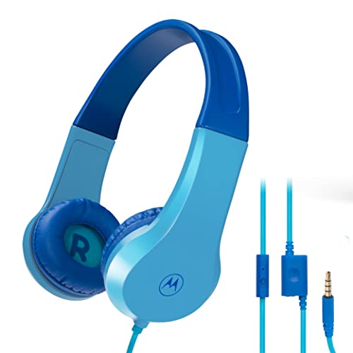 Motorola Sound Moto JR200 Headphones for Kids with Microphone - Over Ear Kid Headphones with Safe Volume Limit 85dB, Audio Splitter - Kids Wired Headphones for School, Home - Blue